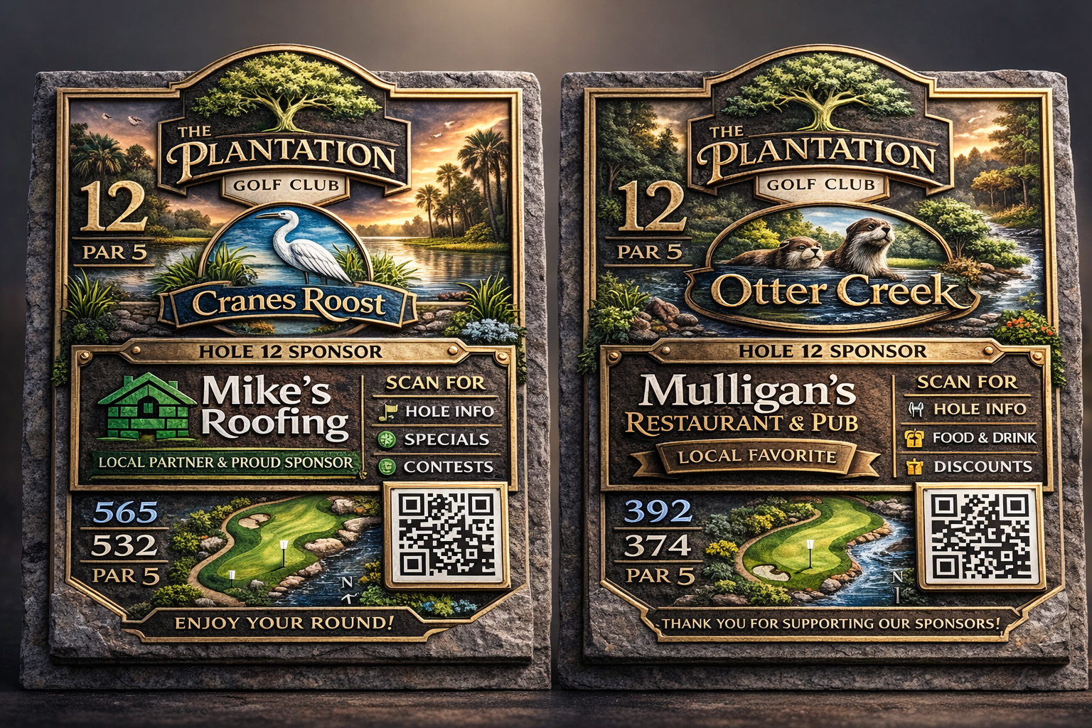 Layered artwork, sponsor branding, and QR engagement on a premium plaque surface